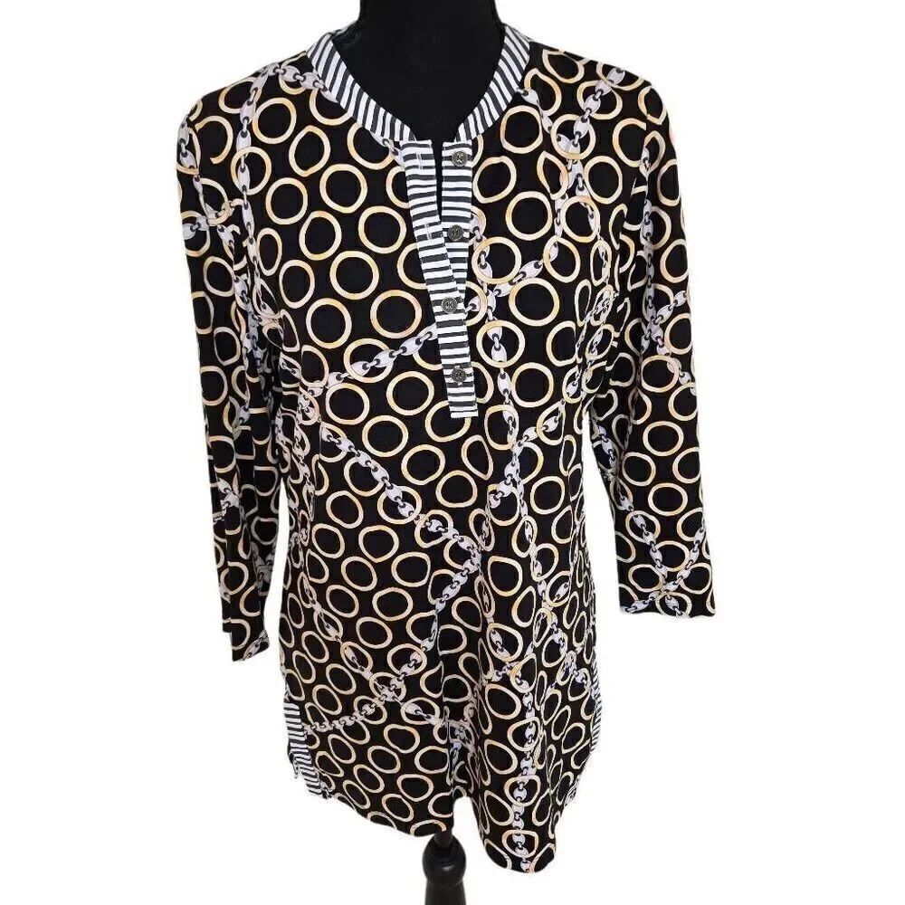 J. McLaughlin Womens Geometric Chain Print 3/4 Sleeve Tunic Blouse Black Medium
